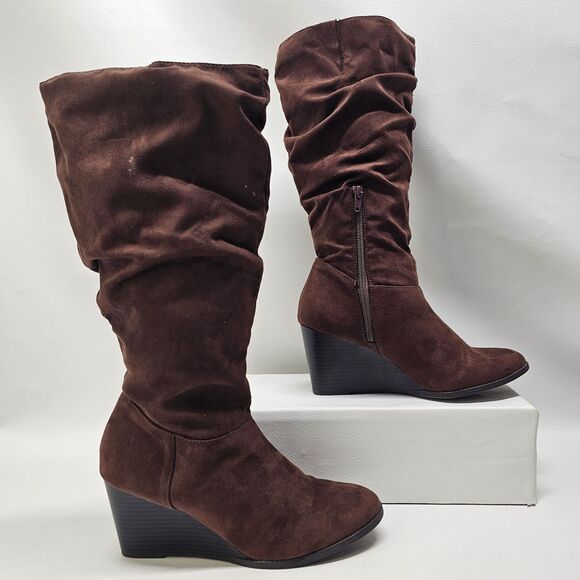Brown Suede Wedge Boots Size 8 – Slouchy Knee High Side Zip Fall Fashion - Picture 5 of 8